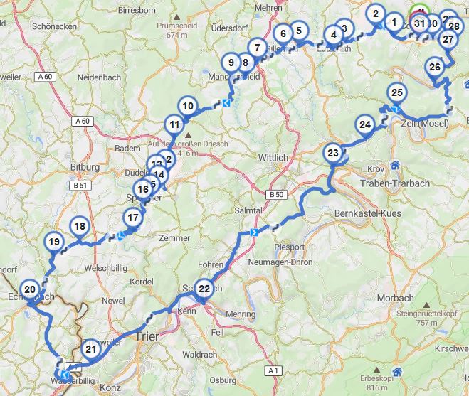 Routenkarte der Mosel-Tour 2017